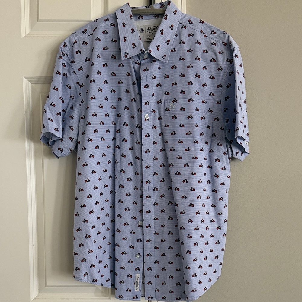 Original Penguin Light Blue Short-Sleeve Button-Down with Red Bicycle Print